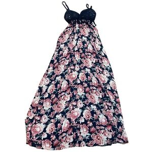 Dainty Hooligan Women's Small Navy Pink Floral Rose Crochet Maxi Dress Boho Fem
